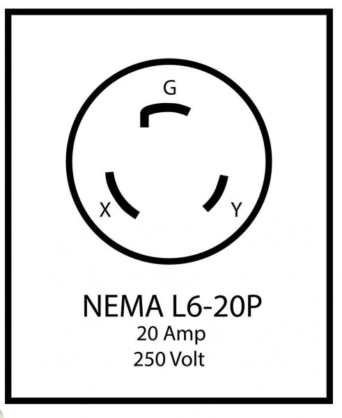 Diagram of adapter, 20A L6-20 plug/L6-30 receptacle side with Nema L6-20P 